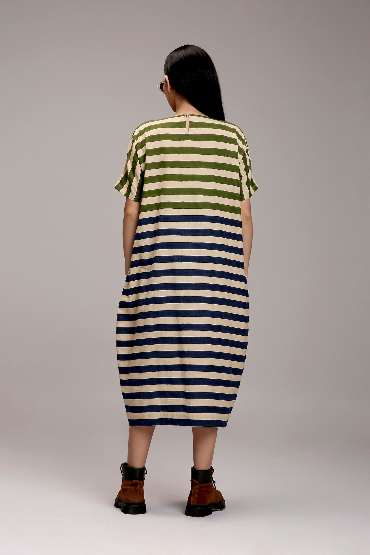 Egg-Shell Green & Blue Dual Striped Dress
