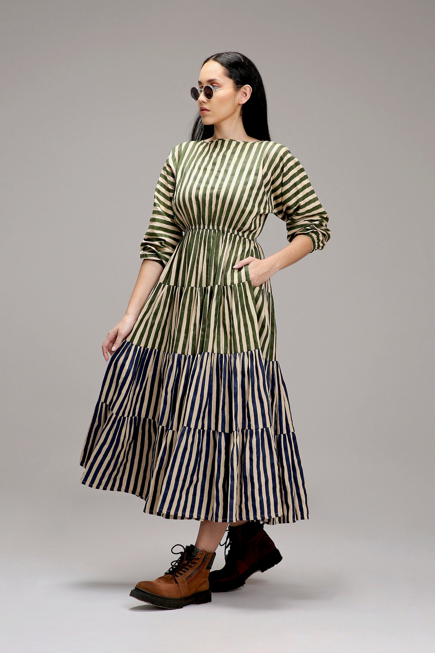 Egg-Shell Green & Blue Striped Tiered Dress