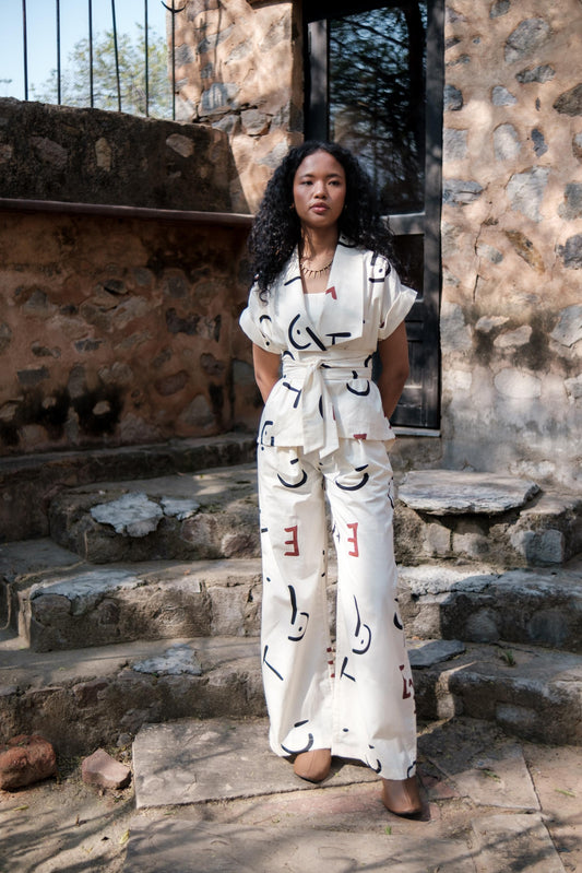 Berlin Shawl Collar Top Ecru Line Printed