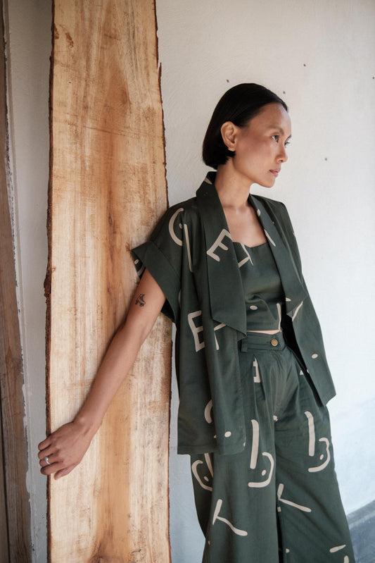 Berlin Shawl Collar Top Green Line Printed