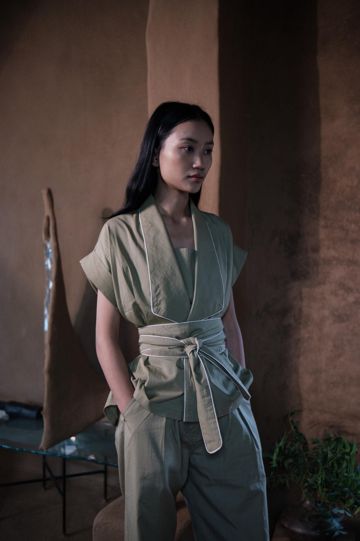 Berlin Shawl Collar Top Khaki