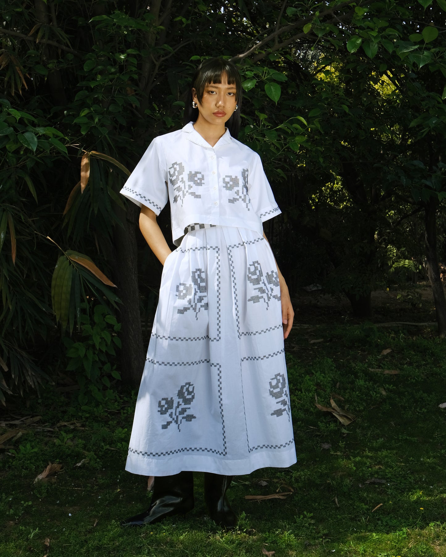 White Cross Stitch Embroidery Cotton Skirt Top Set of 2