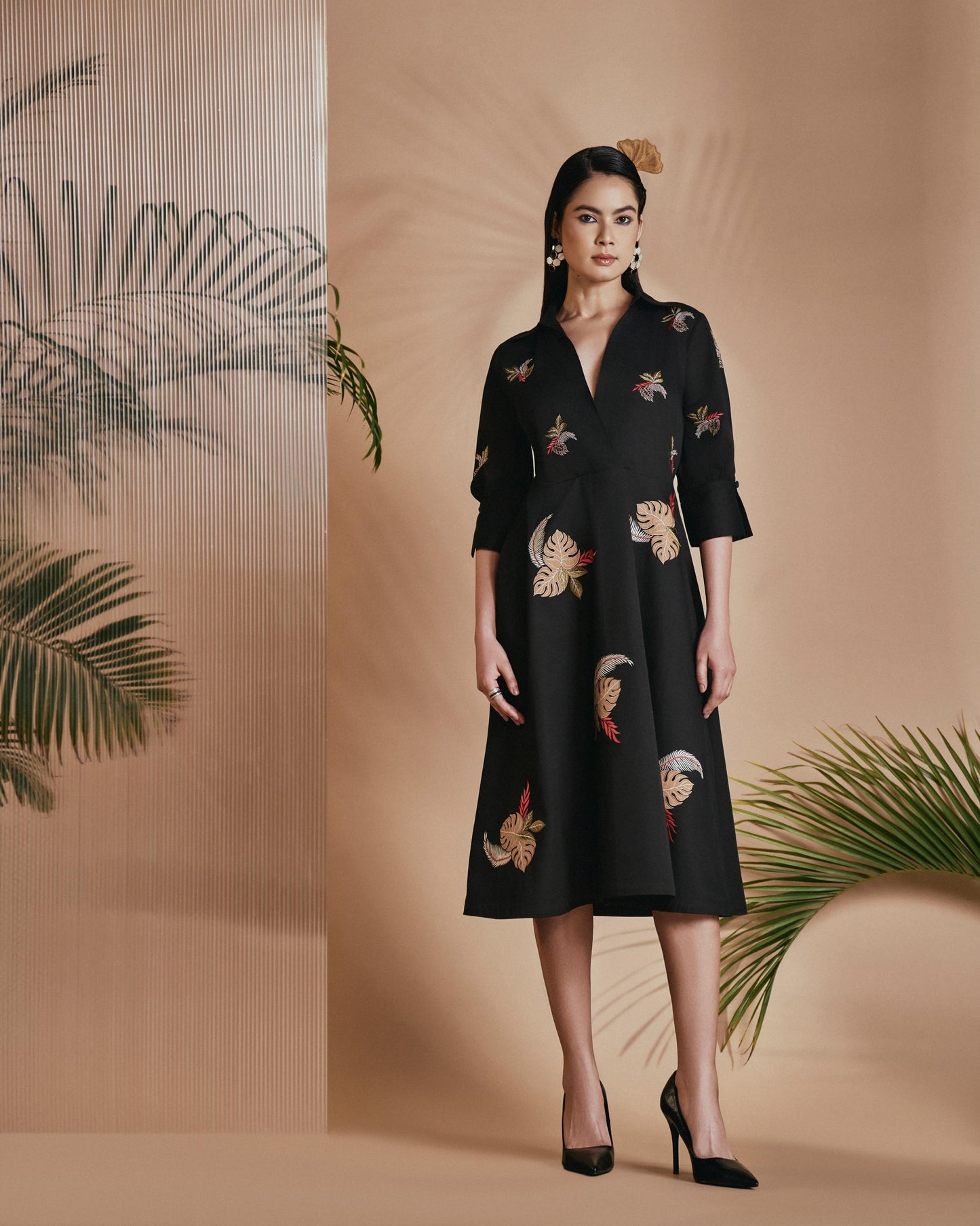 Black Tropical A-Line Flare Dress