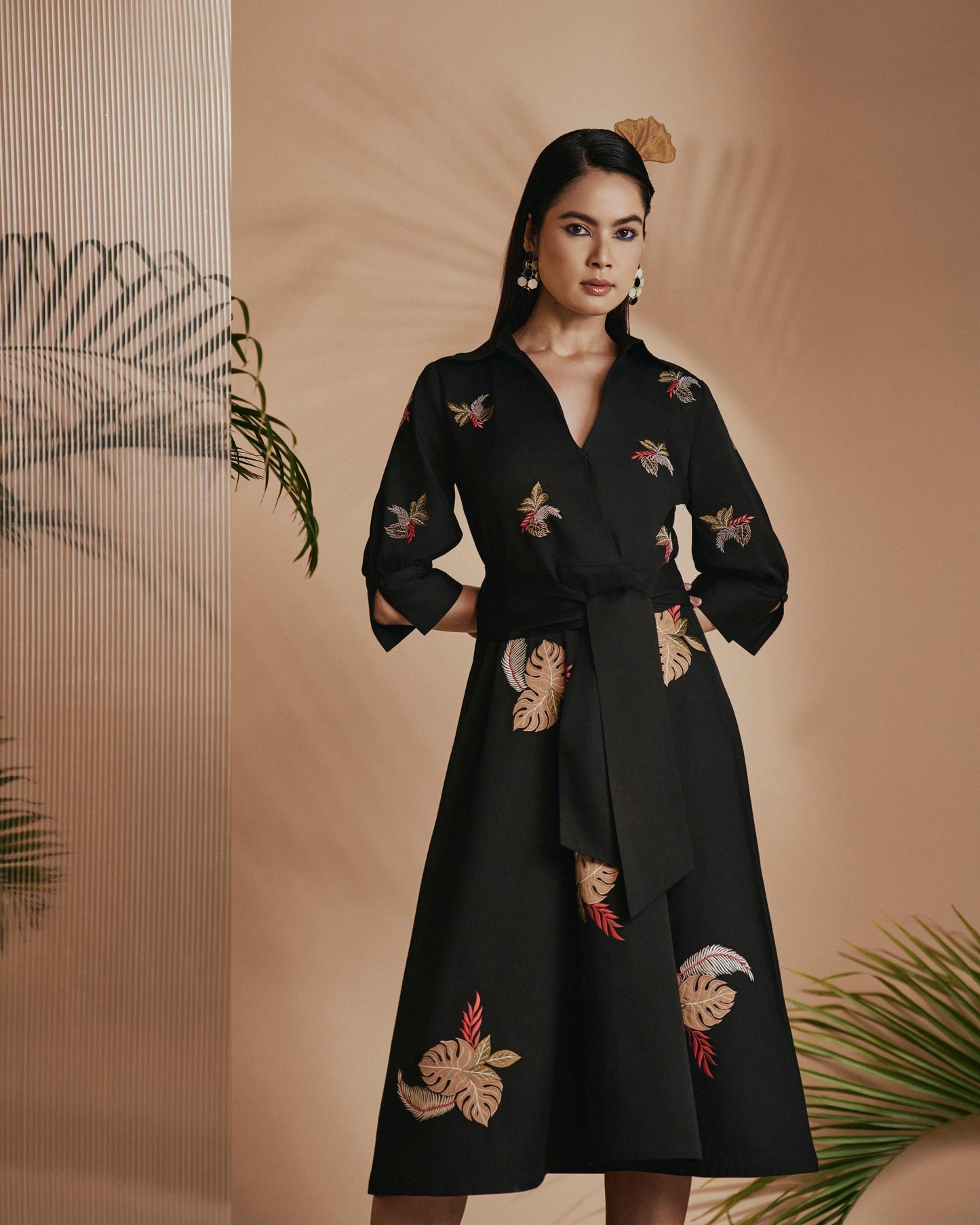 Black Tropical A-Line Flare Dress