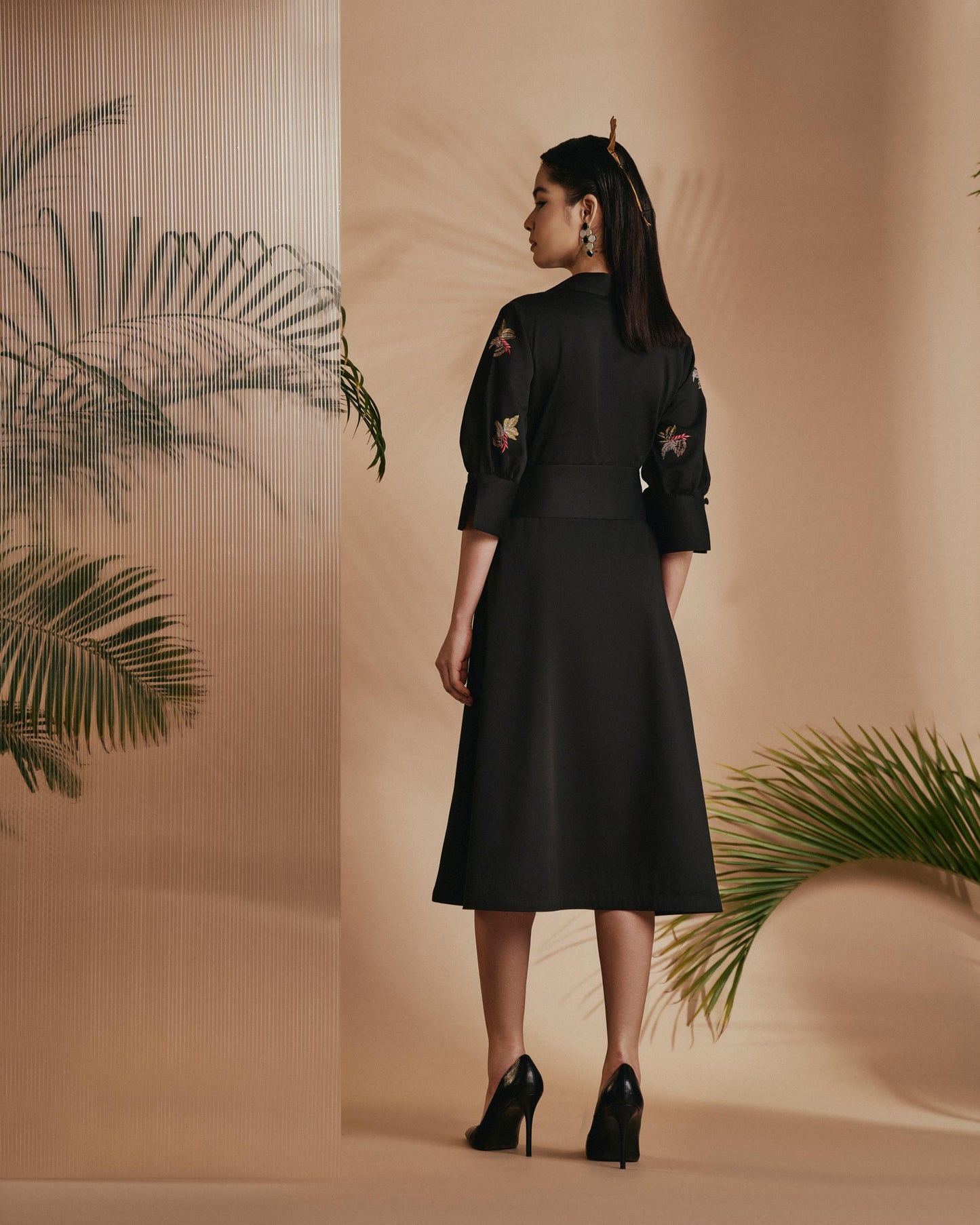 Black Tropical A-Line Flare Dress