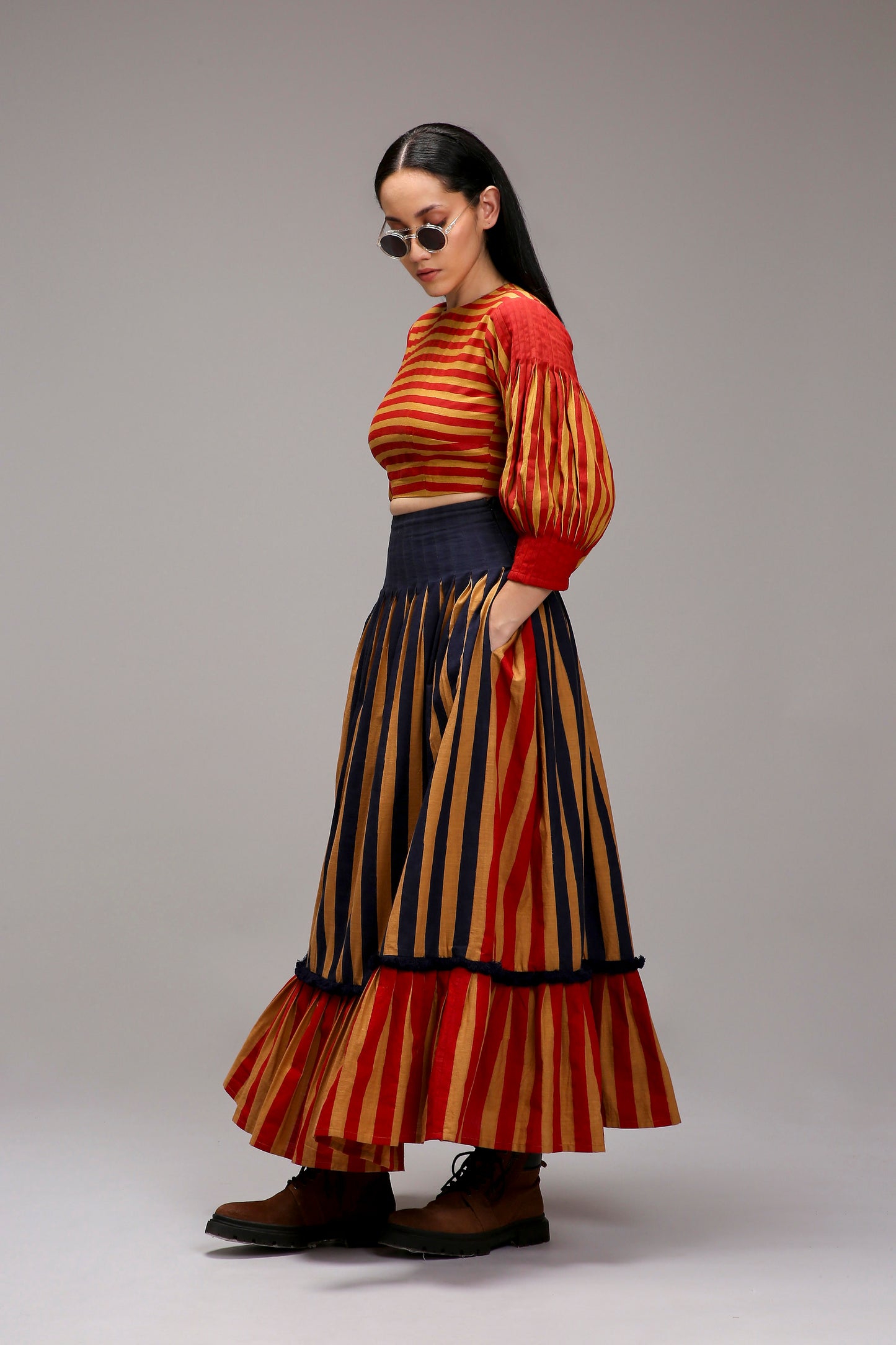Tan-Brown Blue Red Dual Striped Skirt