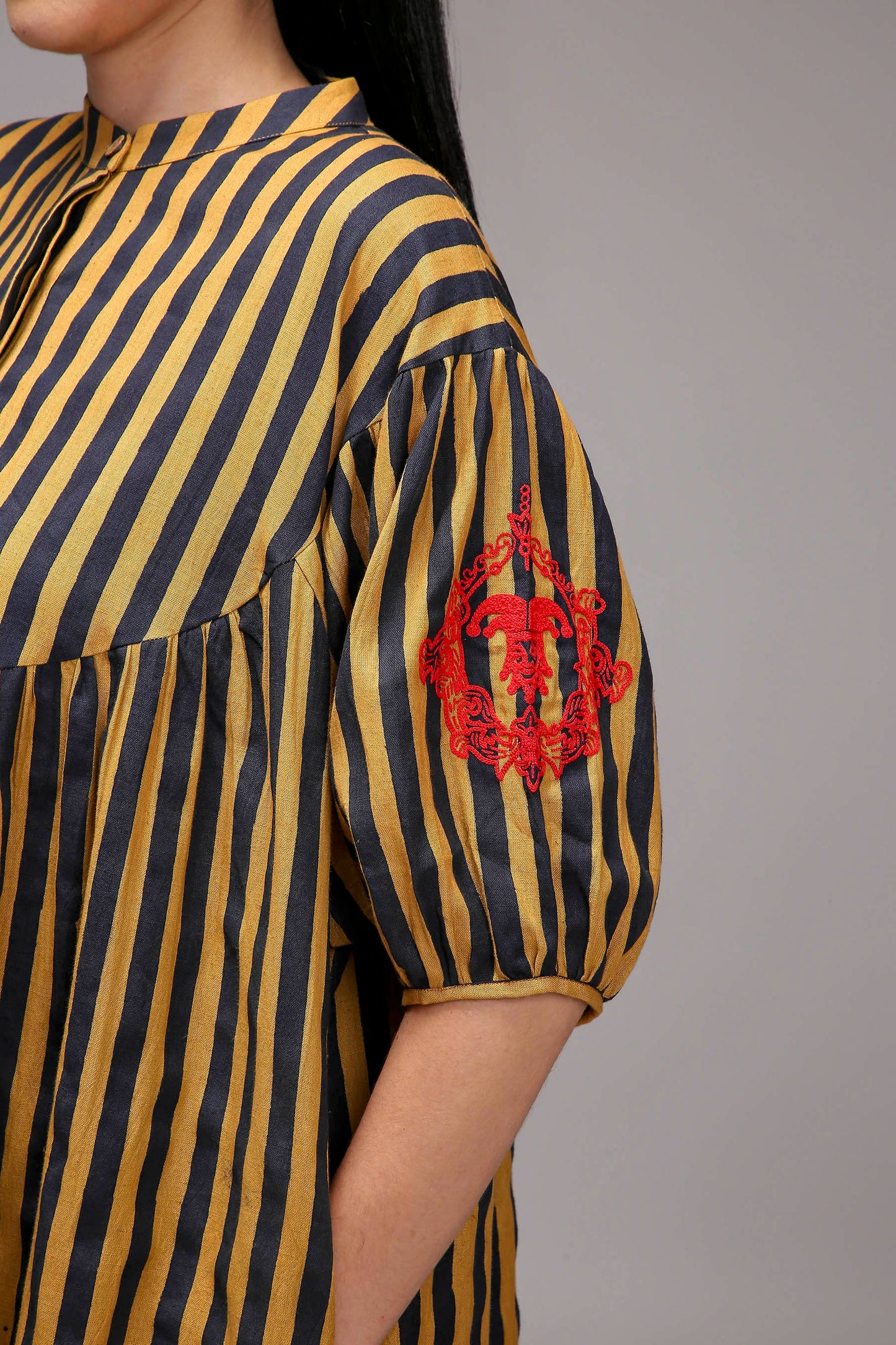 Tan-Brown Blue Striped Short Acra Tunic