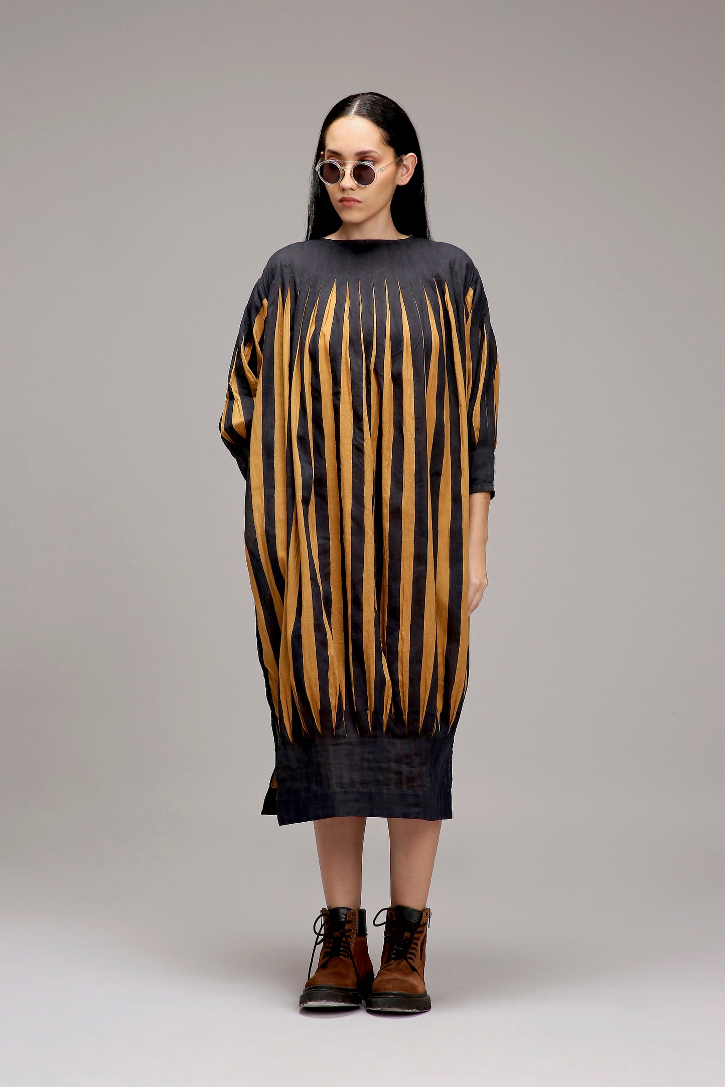 Tan-Brown Blue Striped Balloon Dress