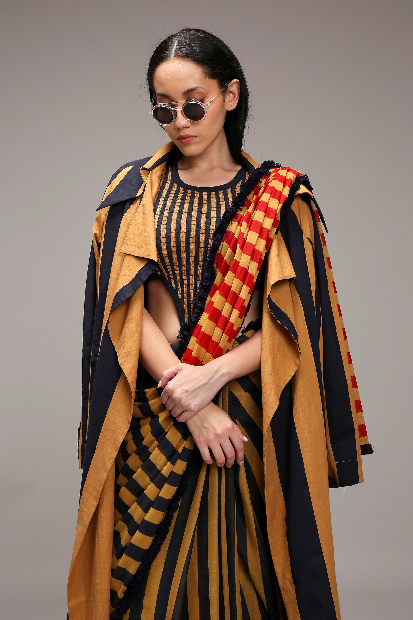 Tan-Brown Corset with Trench Jacket & Dual Striped Saree Set (3 PCS)