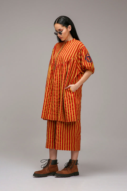 Tan-Brown Red Striped Capre Pants
