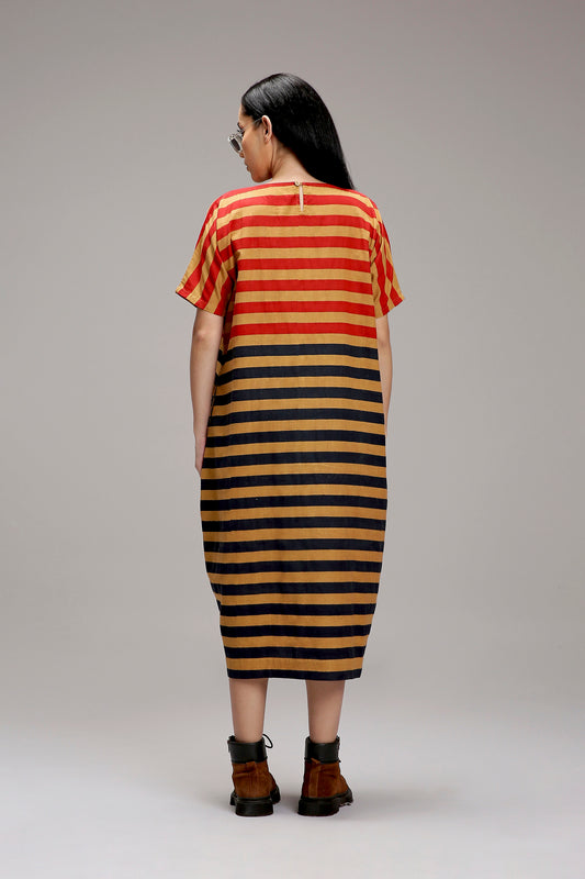 Tan-Brown Red & Blue Dual Striped Dress