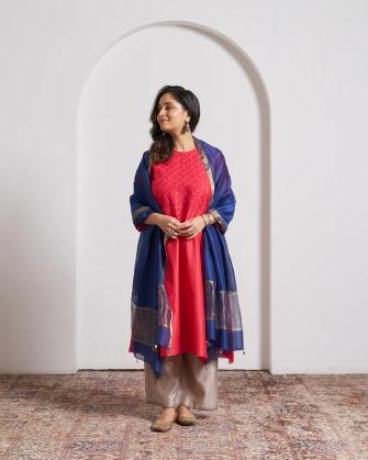 Navy Blue Silk Chanderi Dupatta With Handmade Tassels