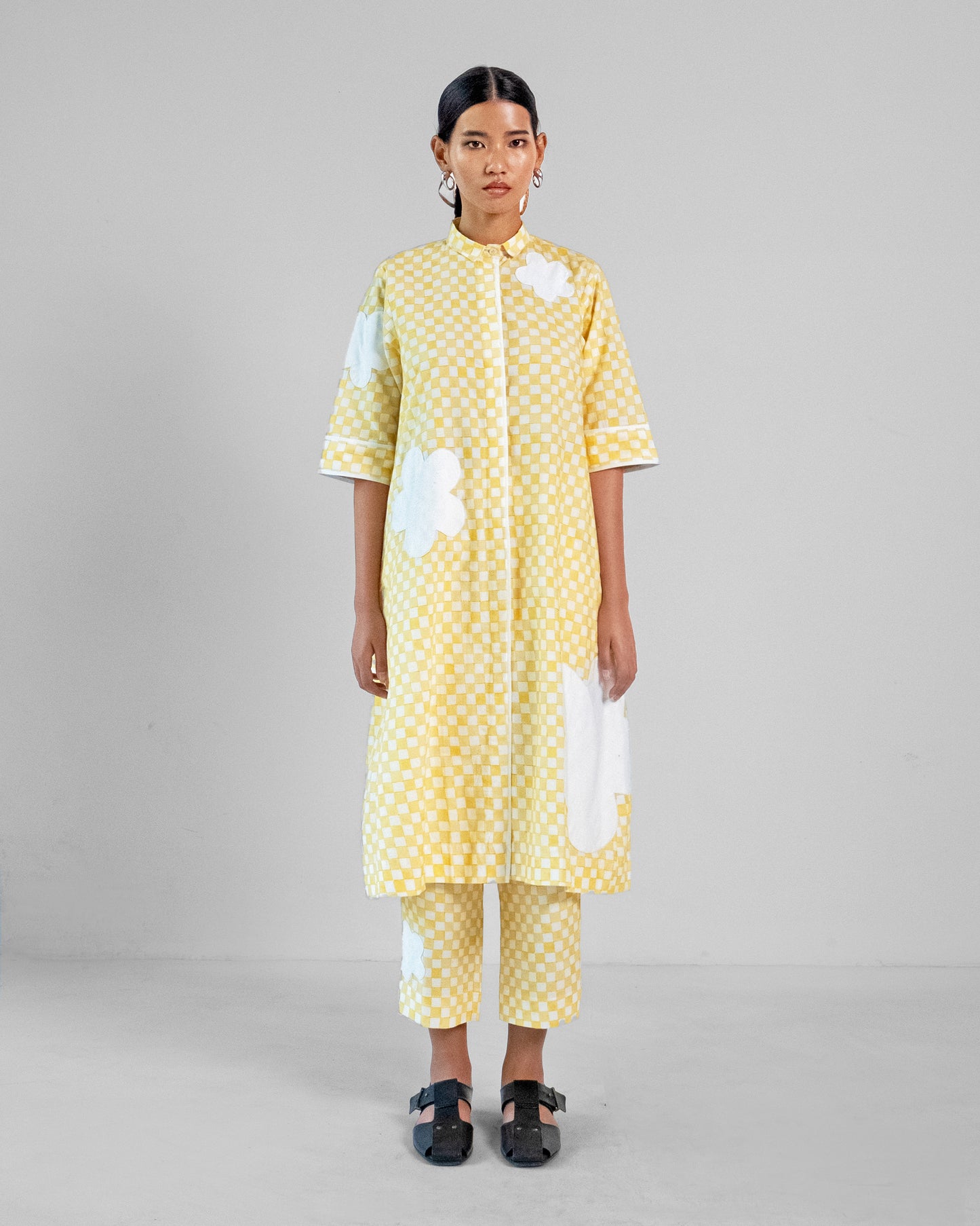 Yellow Checks Applique Cotton Shirt Pant Set of 2