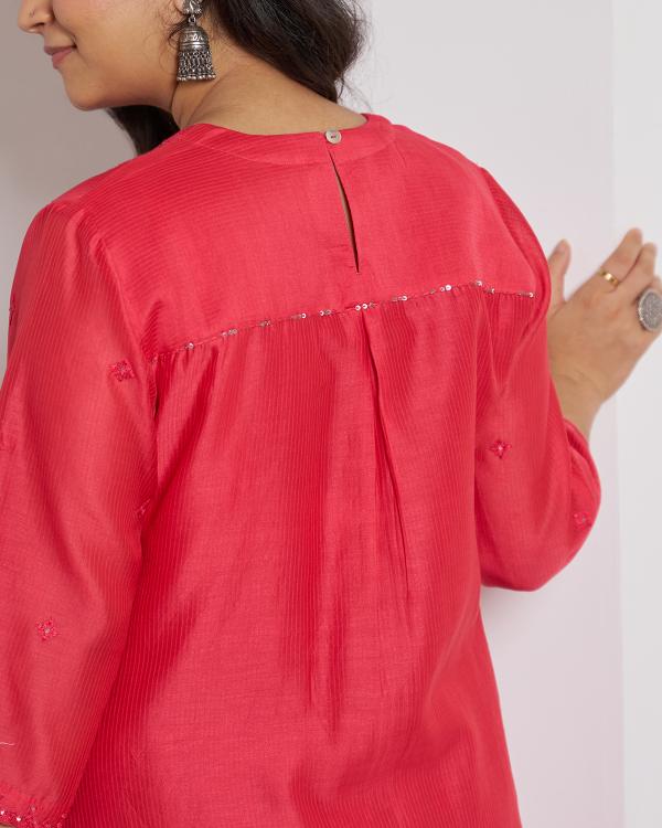 Watermelon Red Silk Chanderi Kurta with Handwork