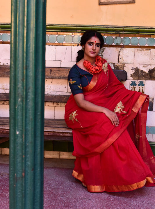 Red Cotton Mangalgiri With Lotus