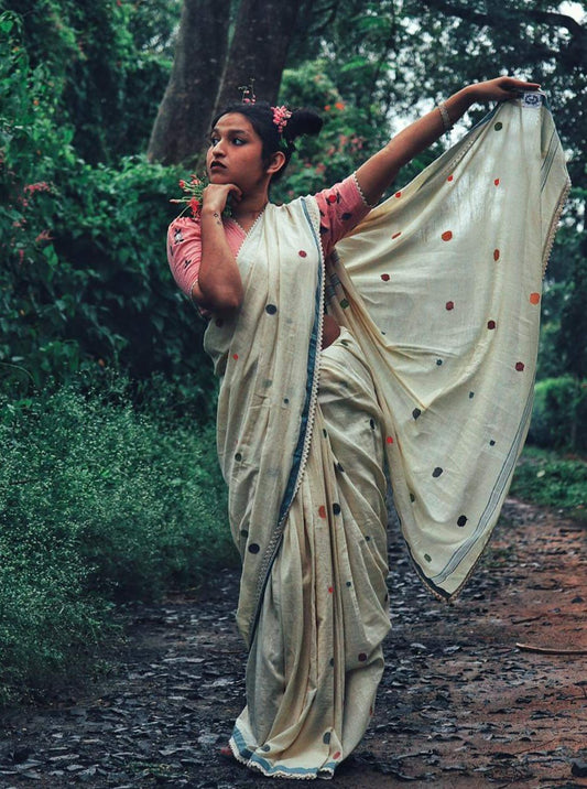 Cream Multi Polka Jamdani Saree