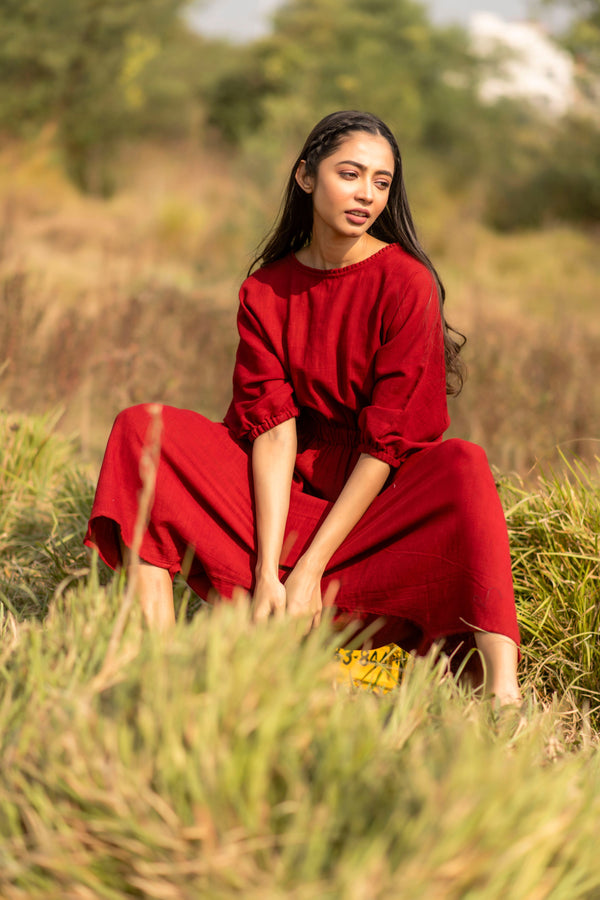 Madder Red Drop-Crotch Organic Kala Cotton Jumpsuit