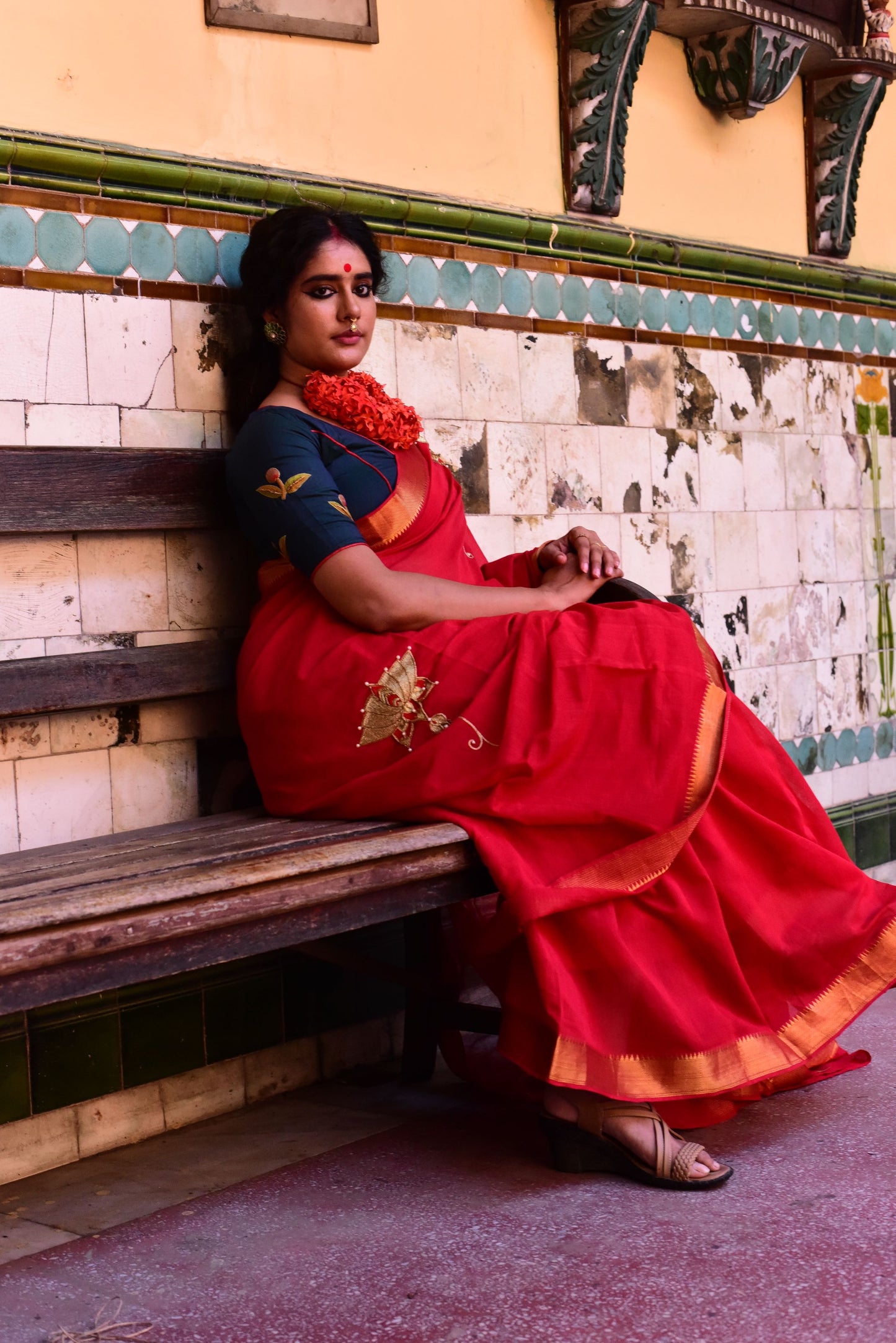 Red Cotton Mangalgiri With Lotus