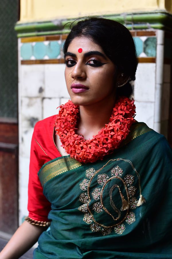 Green Cotton Mangalgiri with Necklace