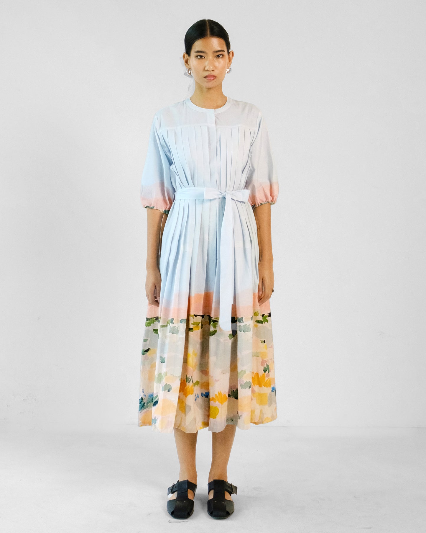 Abstract Print pleated Cotton Belt Dress