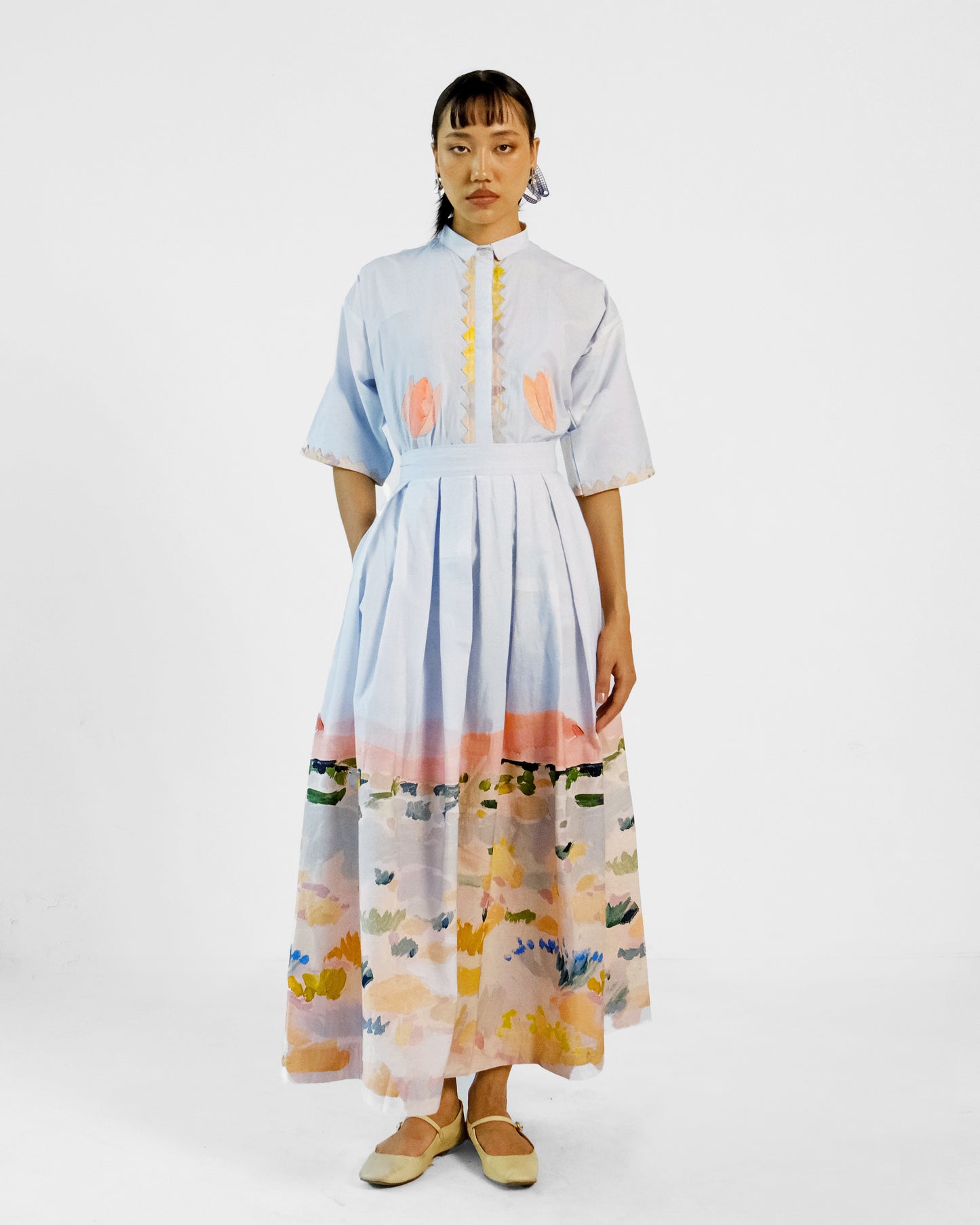 Abstract Print Applique Cotton Shirt Skirt Set of 2