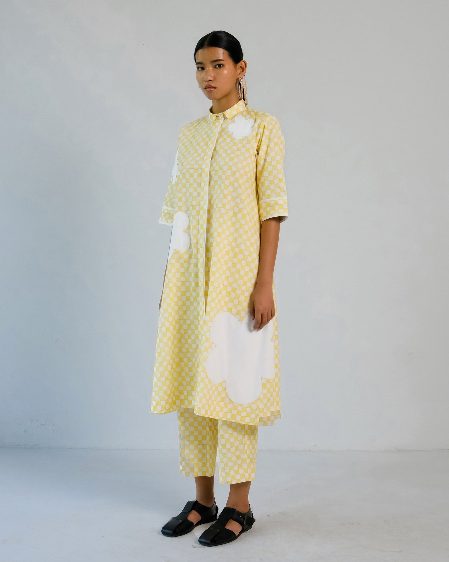Yellow Checks Applique Cotton Shirt Pant Set of 2