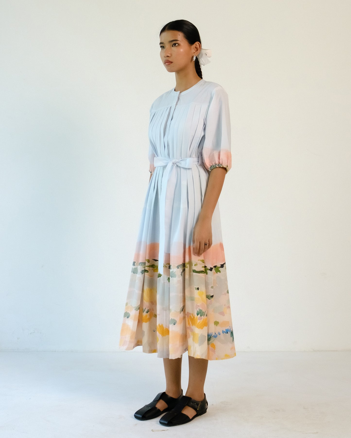 Abstract Print pleated Cotton Belt Dress