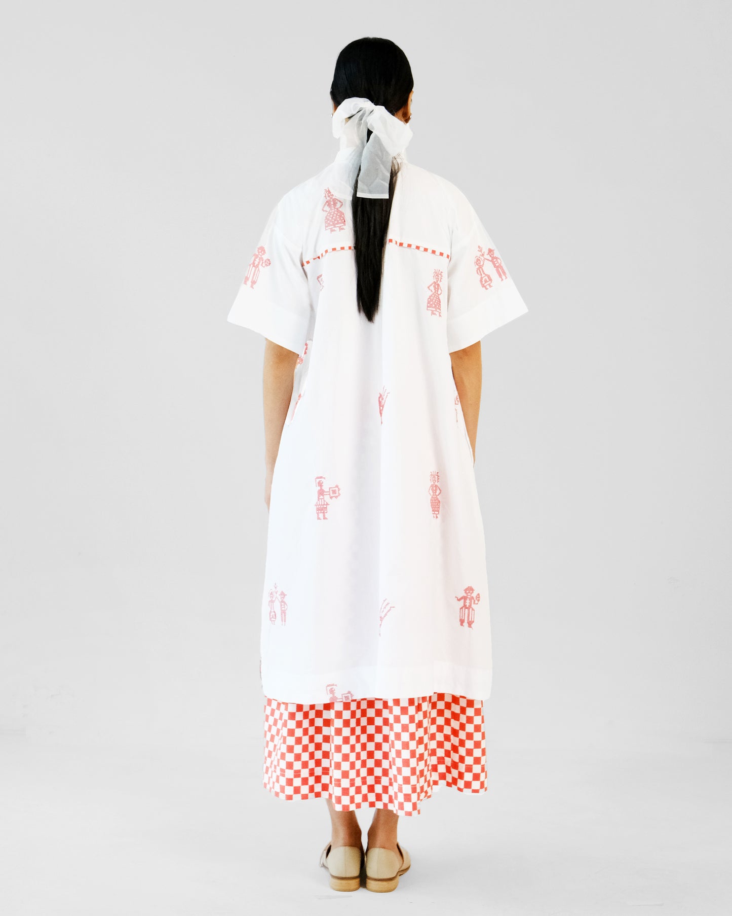 White and Red Cross Stitch Embroidery Cotton Shirt Skirt Set of 2
