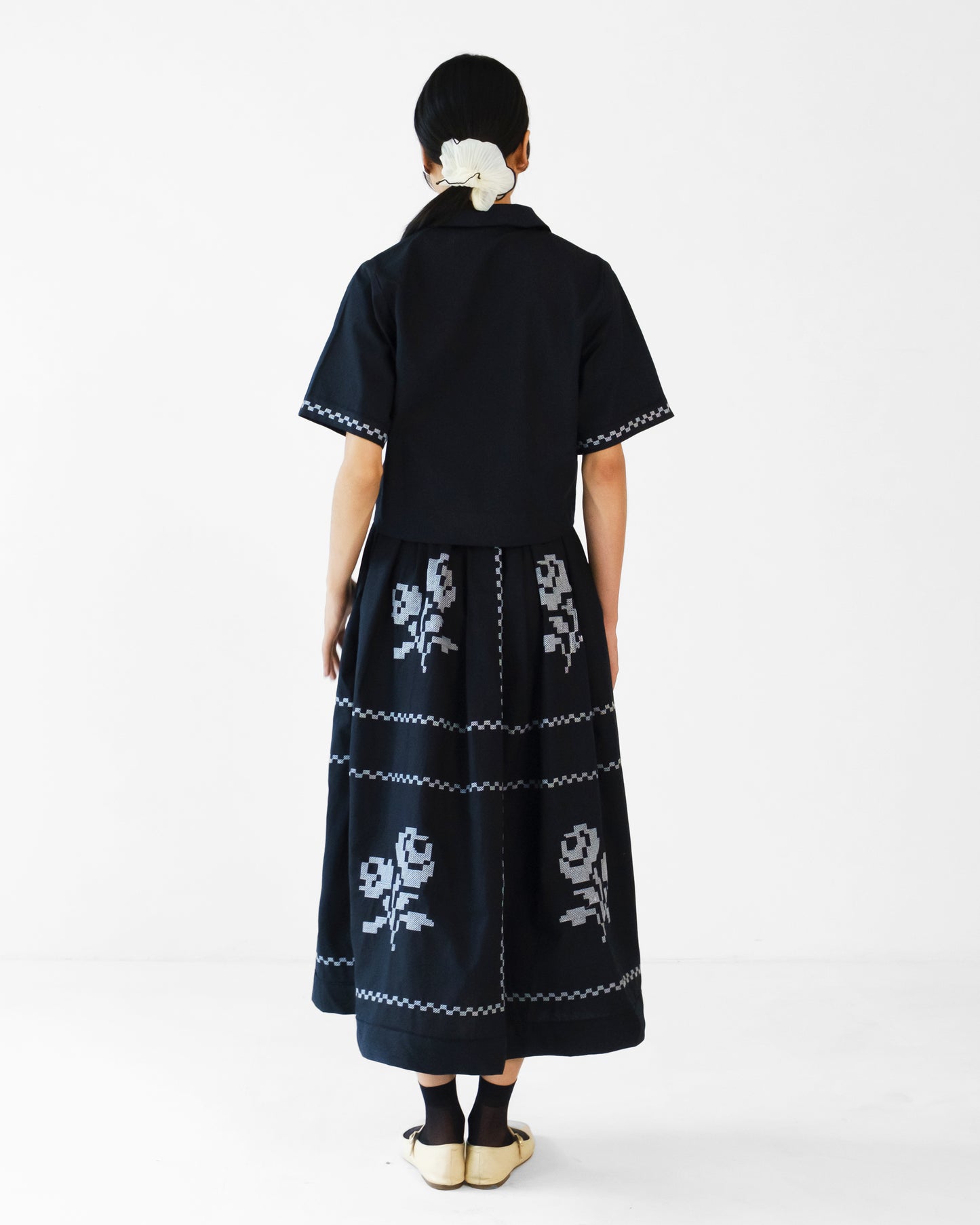 Black Cross Stitch Embroidery Cotton Skirt Top Set of 2