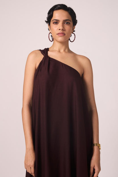 Izar Wine Silk One Shoulder Dress