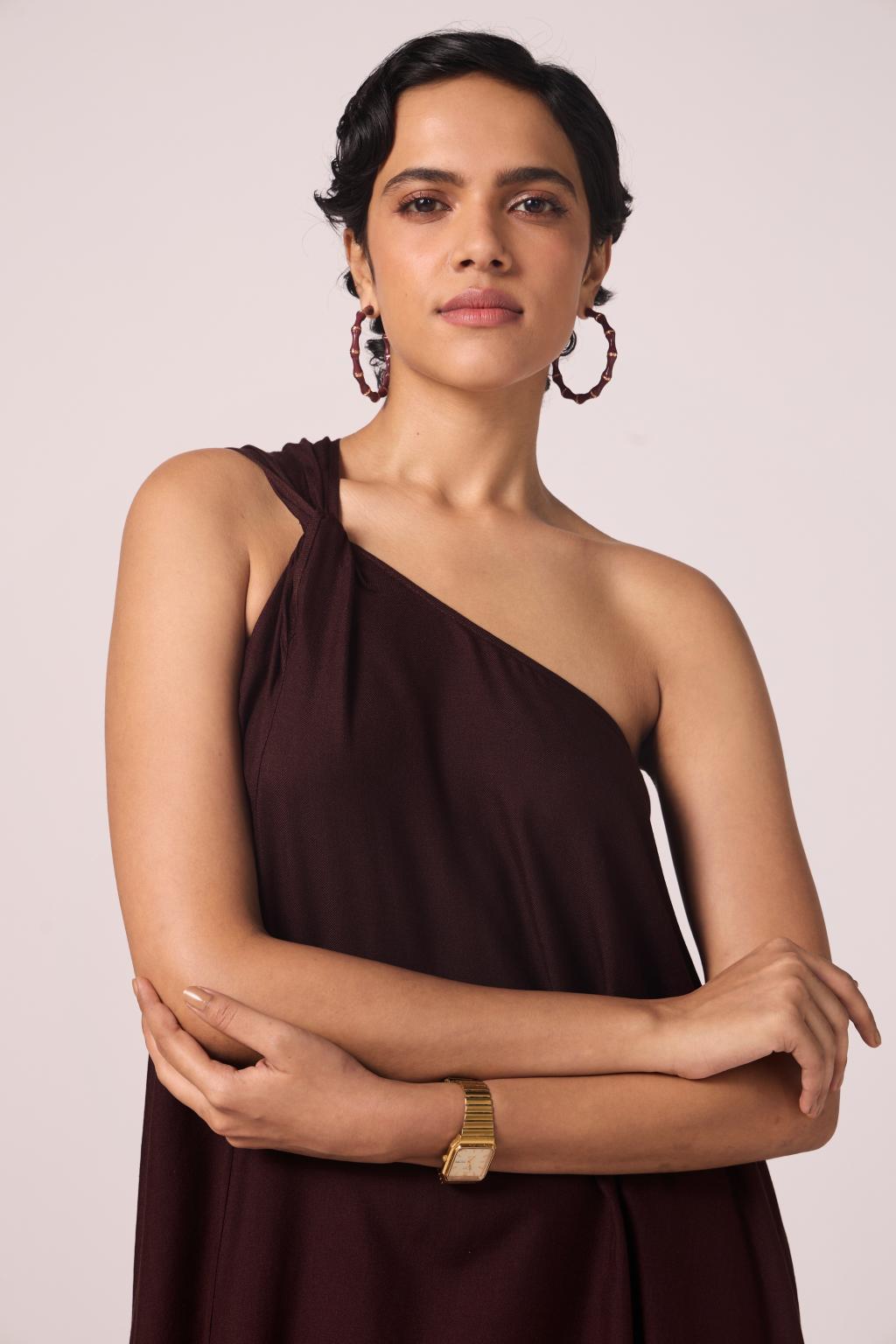 Izar Wine Silk One Shoulder Dress