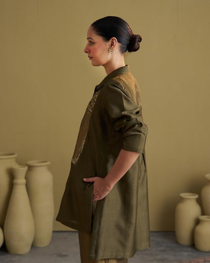 Olive Green Silk Chanderi Set