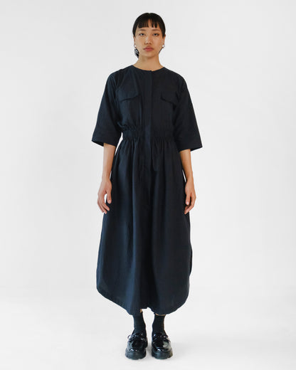 Black Elastic Wasit Side Slit Cotton Dress