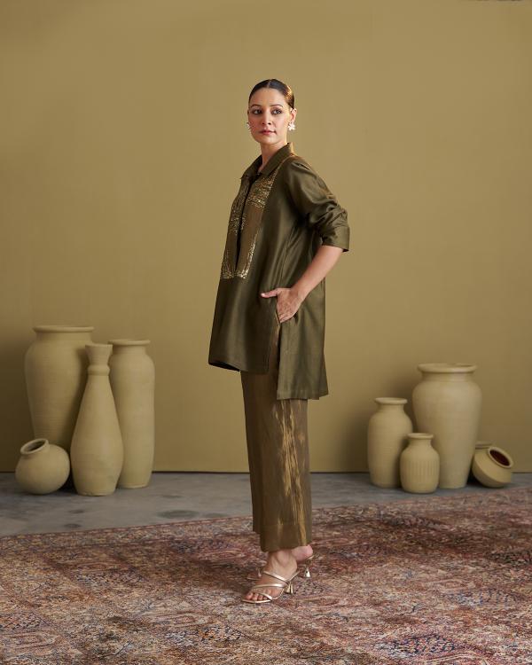 Olive Green Silk Chanderi Set