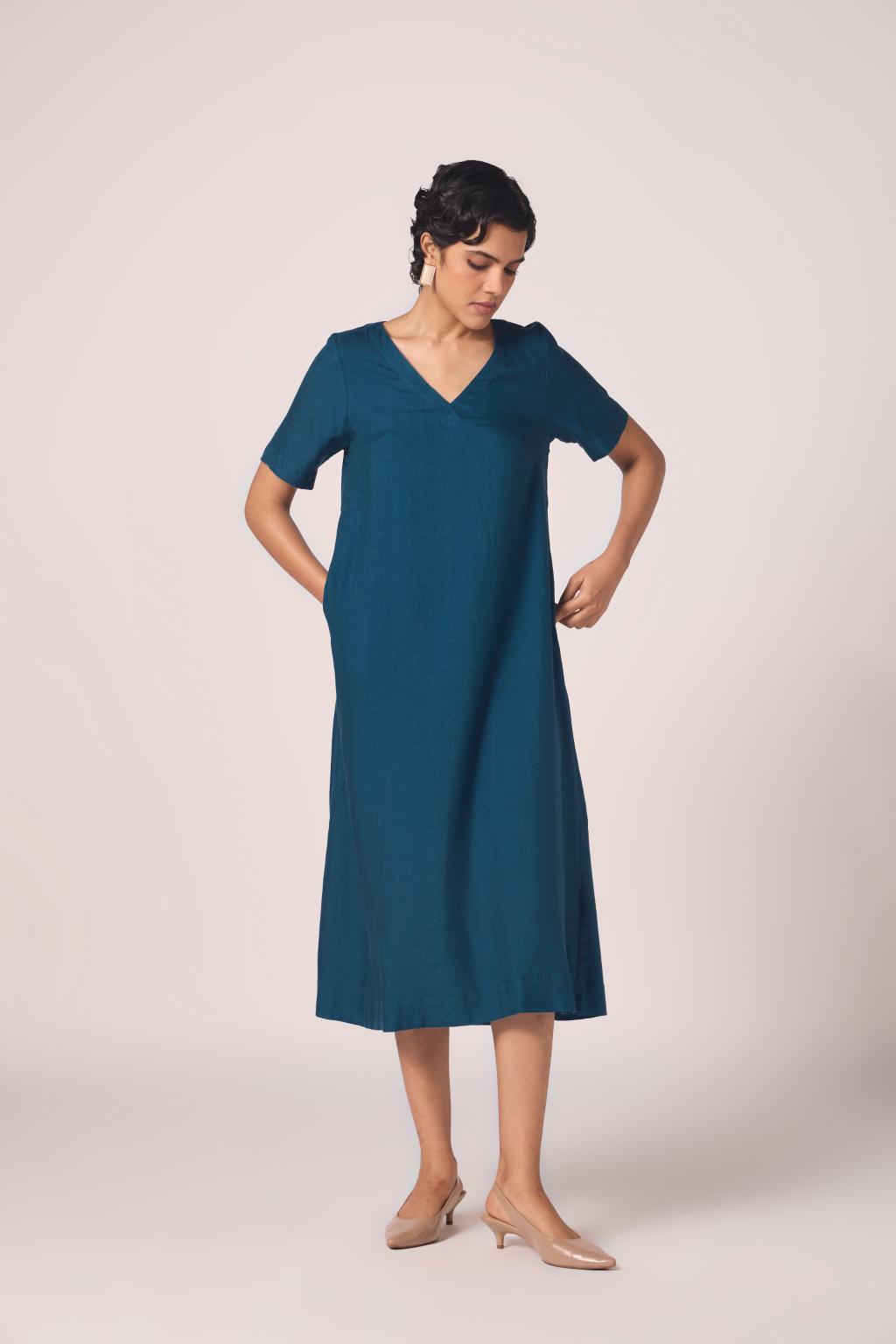 Vega Blue Silk Midi Dress