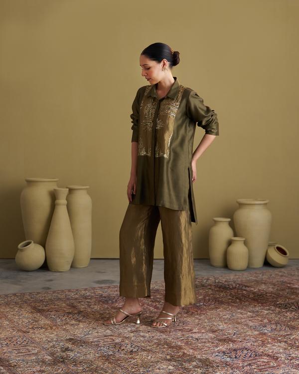 Olive Green Silk Chanderi Set