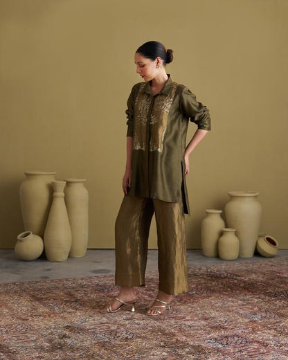 Olive Green Silk Chanderi Set