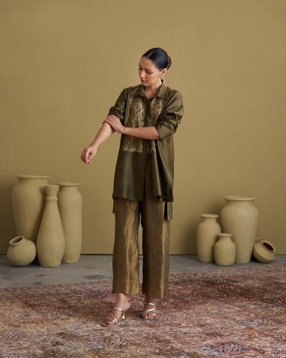 Olive Green Silk Chanderi Set