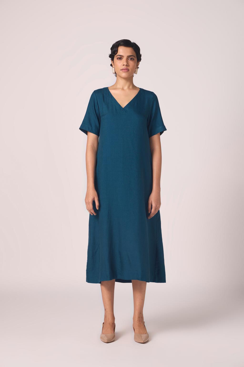 Vega Blue Silk Midi Dress