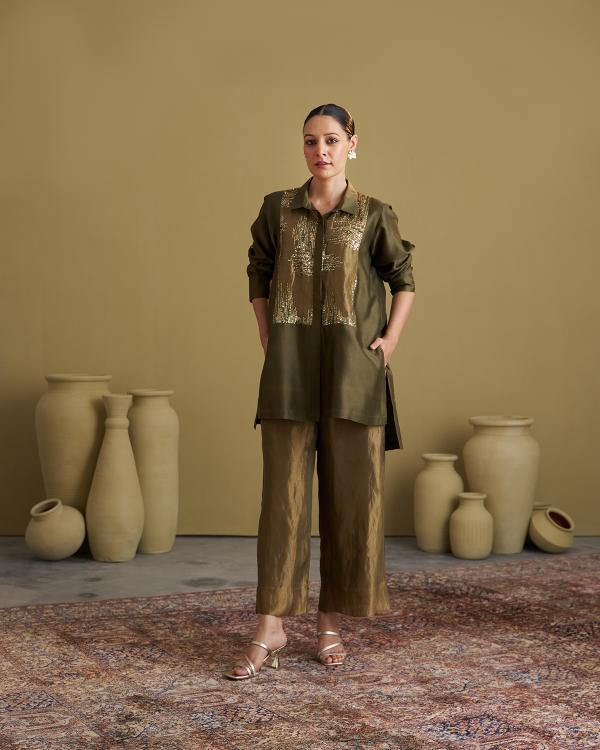 Olive Green Silk Chanderi Set