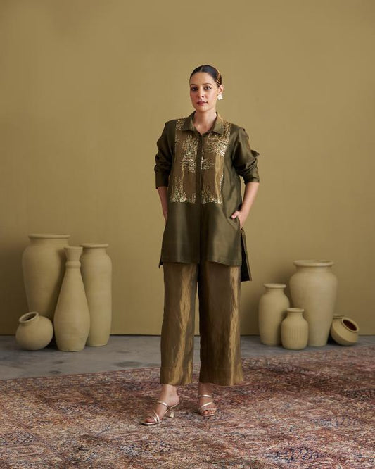 Olive Green Silk Chanderi Set
