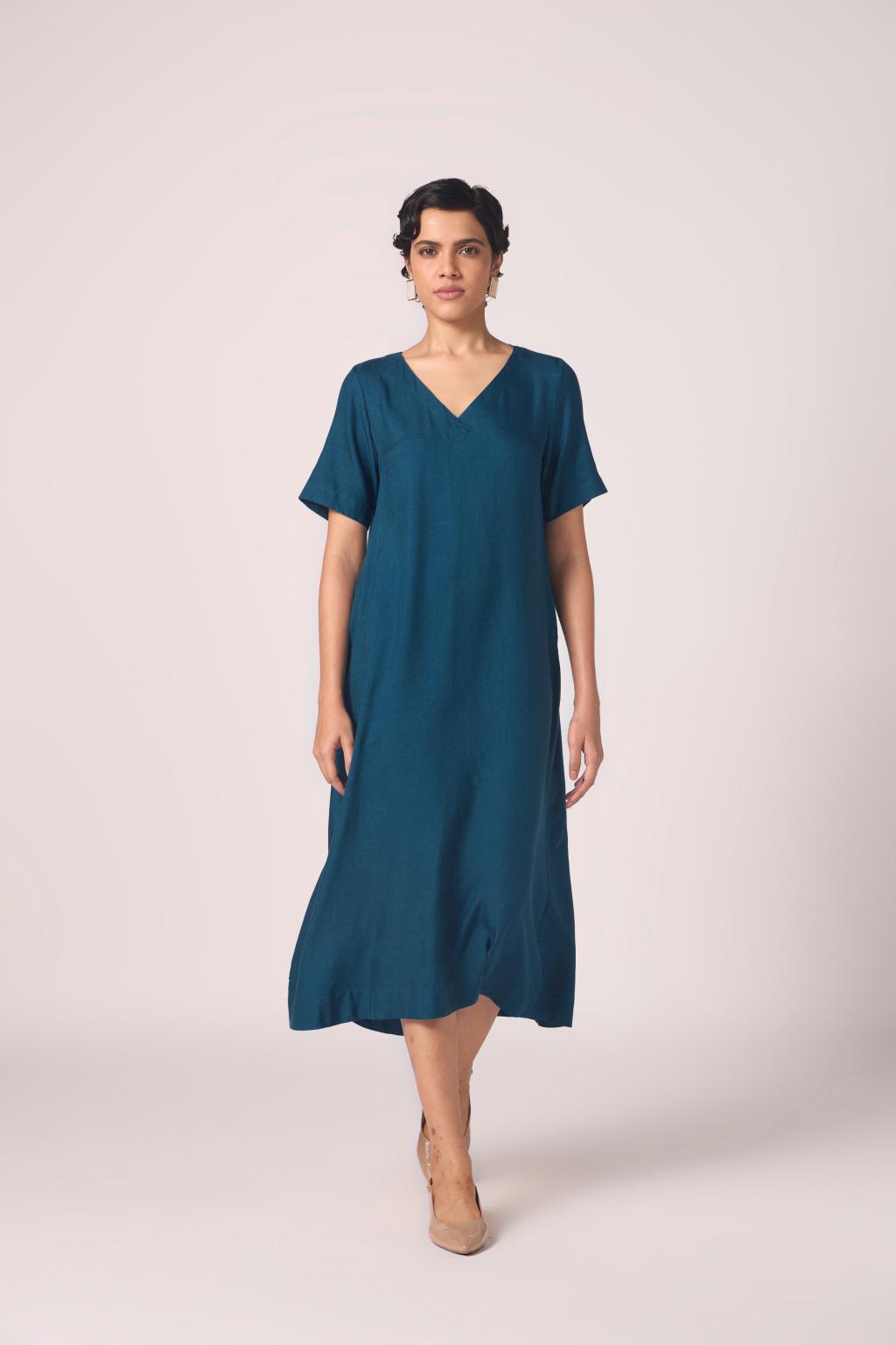 Vega Blue Silk Midi Dress