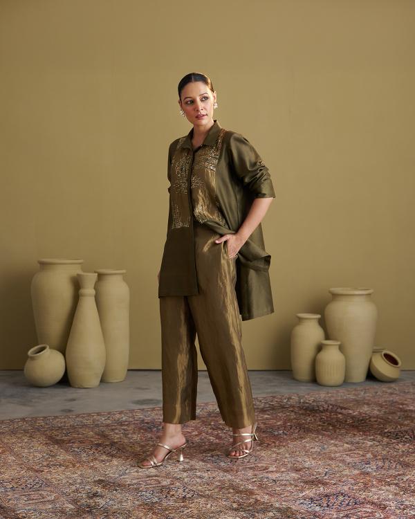 Olive Green Silk Chanderi Set