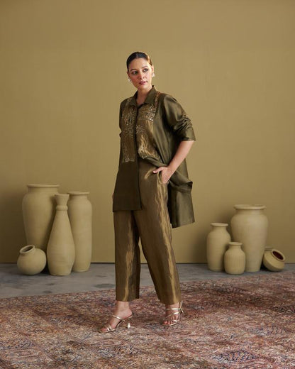 Olive Green Silk Chanderi Set