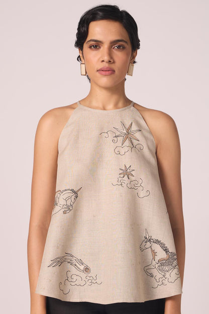 Maarah Beige Linen Halter Top