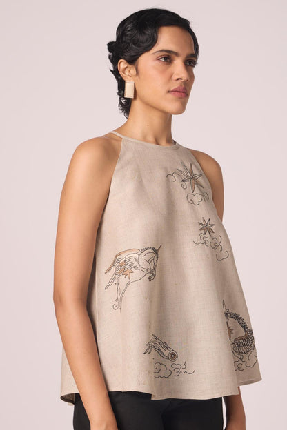 Maarah Beige Linen Halter Top