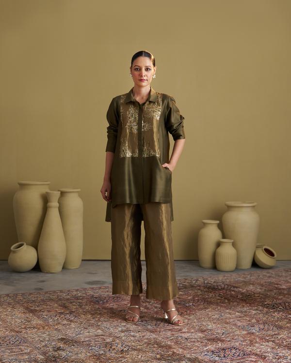 Olive Green Silk Chanderi Set