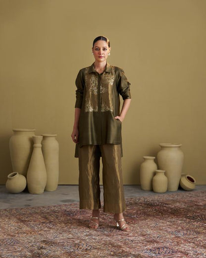 Olive Green Silk Chanderi Set