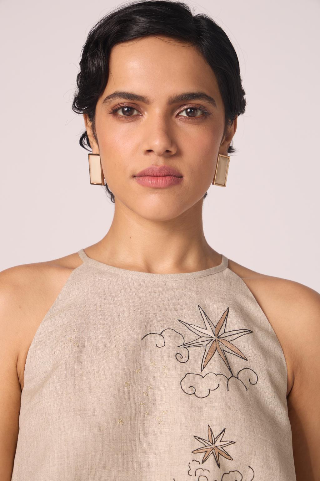 Maarah Beige Linen Halter Top