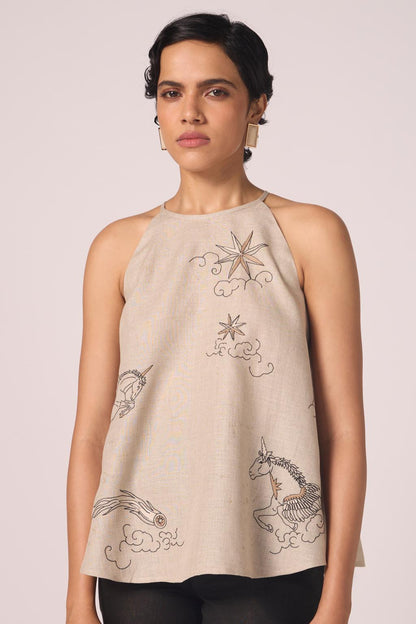 Maarah Beige Linen Halter Top